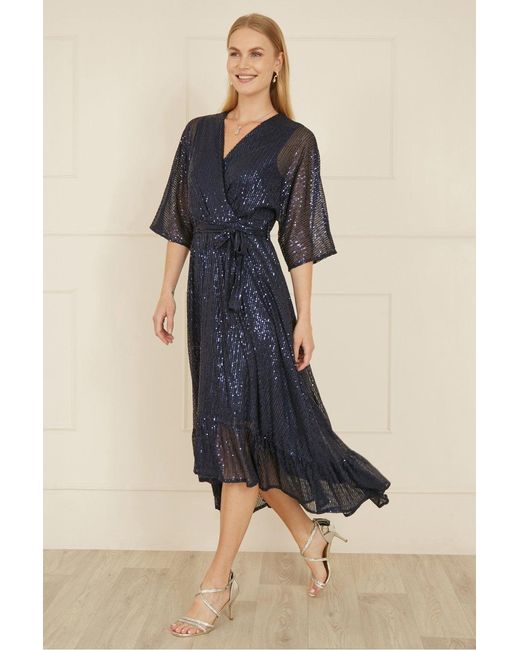 Yumi' Blue Sequin Kimono Midi Wrap Dress