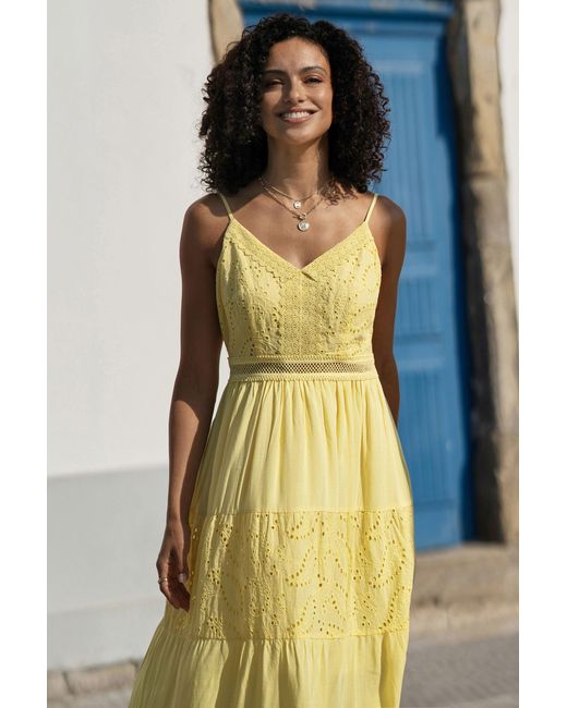 Yumi' Multicolor Cotton Lace Trim Midi Dress