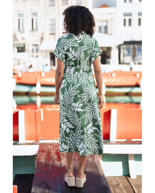 Yumi' Green Leaf Print Viscose Relaxed Midi Shirt Dress
