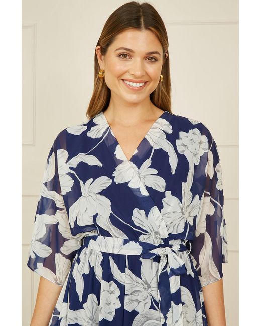 Yumi' Blue Mesh Bird And Floral Print Midi Dress With Ruffles