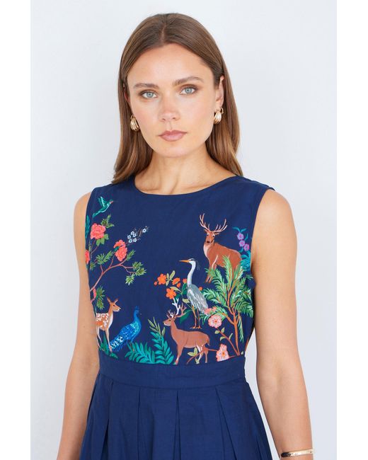 Yumi' Blue Woodland Animal Print Cotton Midi Skater Dress
