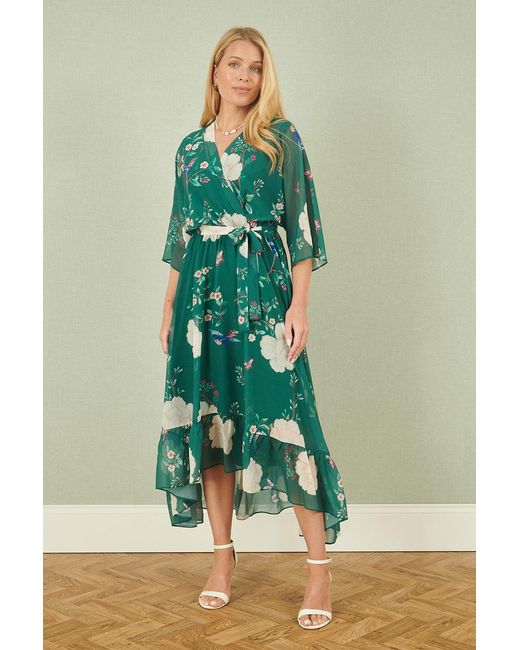 Yumi' Green Bird And Floral Print Midi Wrap Dress