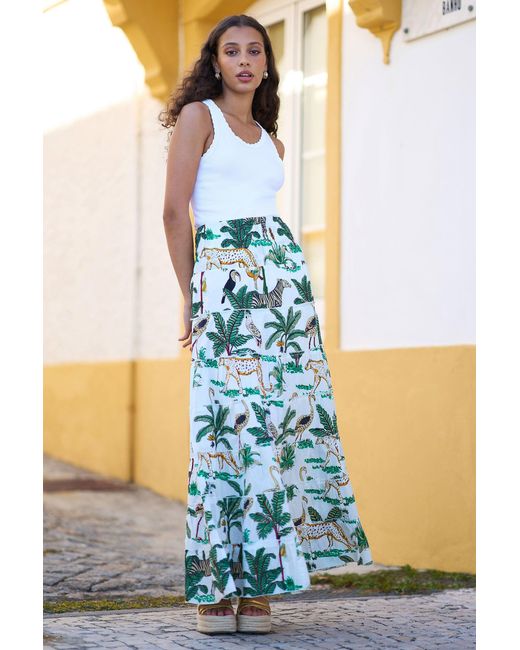 Yumi' Blue Animal Print Cotton Tiered Maxi Skirt