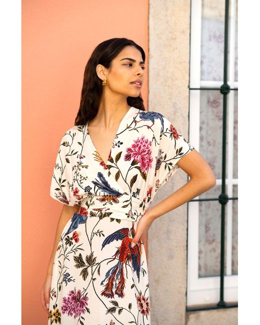 Yumi' Orange Ivory Bird And Floral Print Ruched Waist Kimono Midi Dress