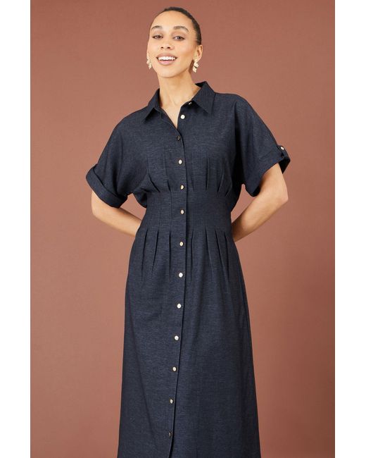 Yumi' Blue Stretch Midi Shirt Dress