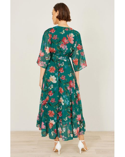 Yumi' Green Floral Kimono Wrap Dress With Dip Hem