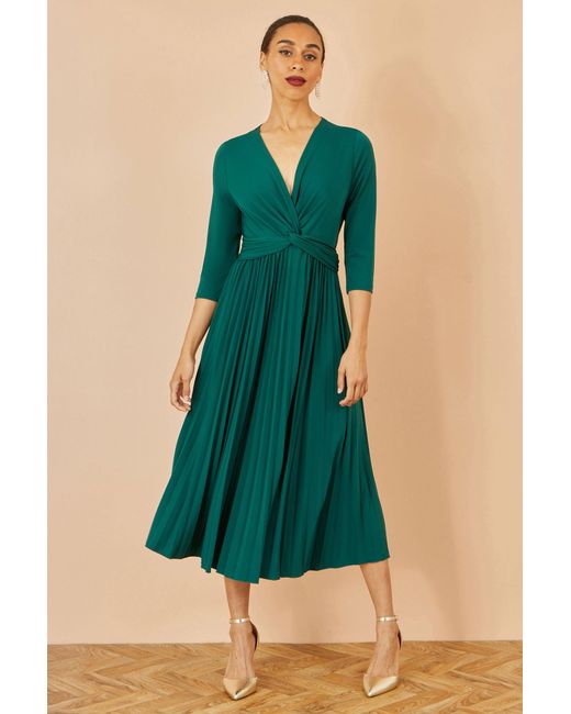 Yumi' Green Jersey Knot Waist Pleated Midi Dress