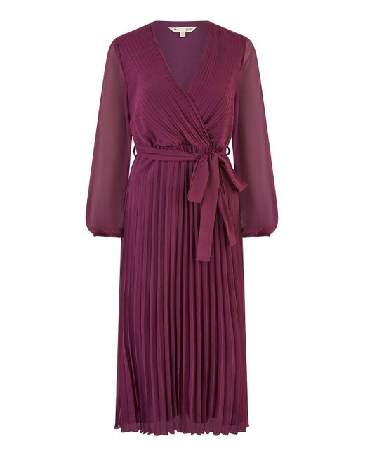 Yumi' Purple Plum Pleated Wrap Midi Dress With Sheer Long Sleeves