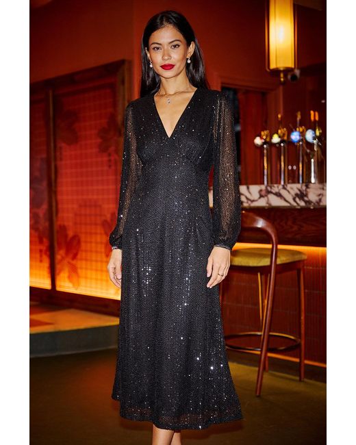 Yumi' Red Sequin Long Sleeve Midi Dress