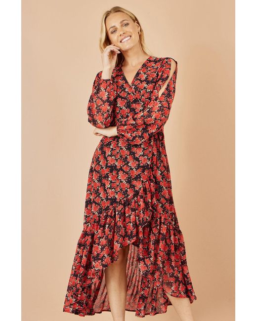 Yumi' Red Rose Print Dipped Hemline Midi Dress With Open Long Sleeves