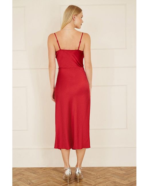 Yumi' Red Satin Cowl Neck Midi Slip Dress