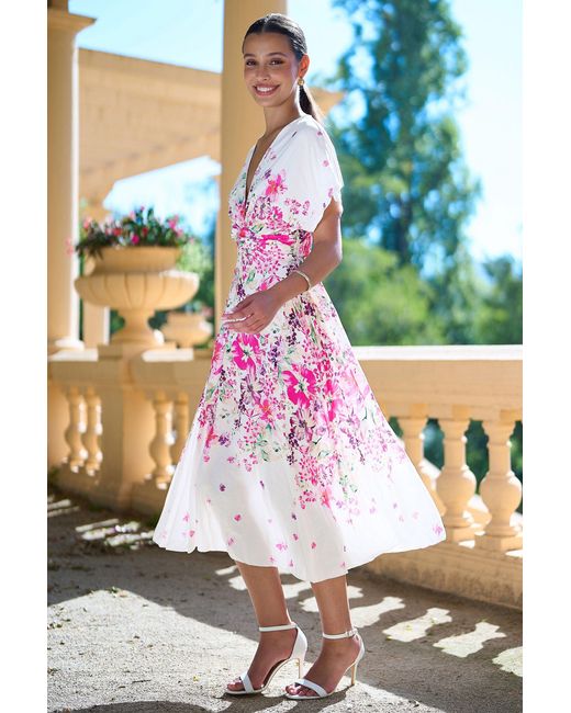 Yumi' Pink Mirror Floral Print Ruched Waist Kimono Midi Dress