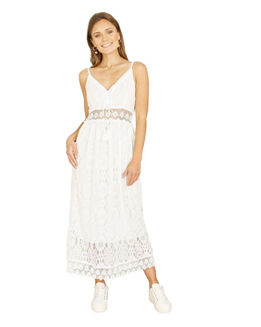 Yumi' Green Lace Midi Sundress With Tassel Tie And Ruched Back