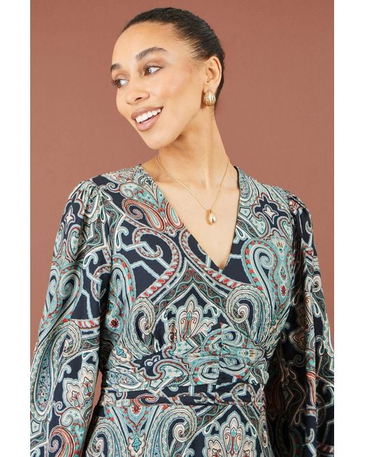 Yumi' Blue Paisley Print Midi Dress