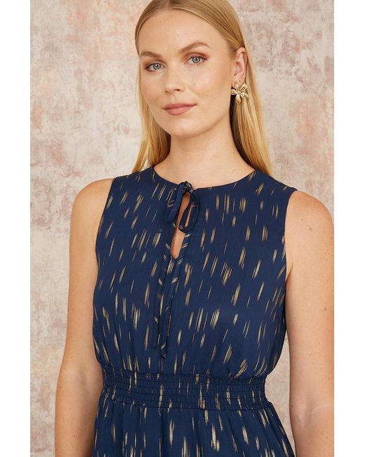 Yumi' Blue Foil Print Ruched Waist Midi Dress With Tie Notch Neckline