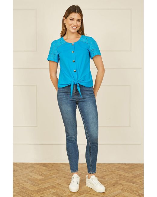 Yumi' Blue Jersey Button Detail T-Shirt With Broderie Anglaise Sleeves And Tie Front
