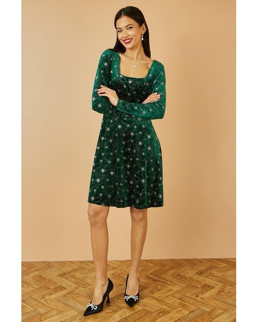 Yumi' Green Starburst Foil Print Long Sleeve Skater Dress