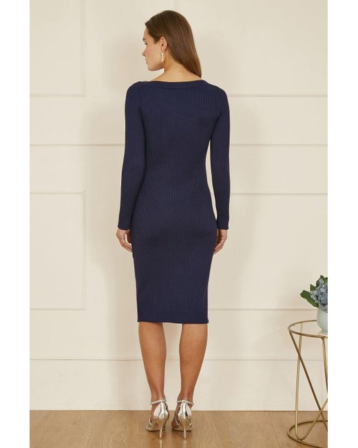 Yumi' Blue Pearl Neckline Fitted Midi Knitted Dress