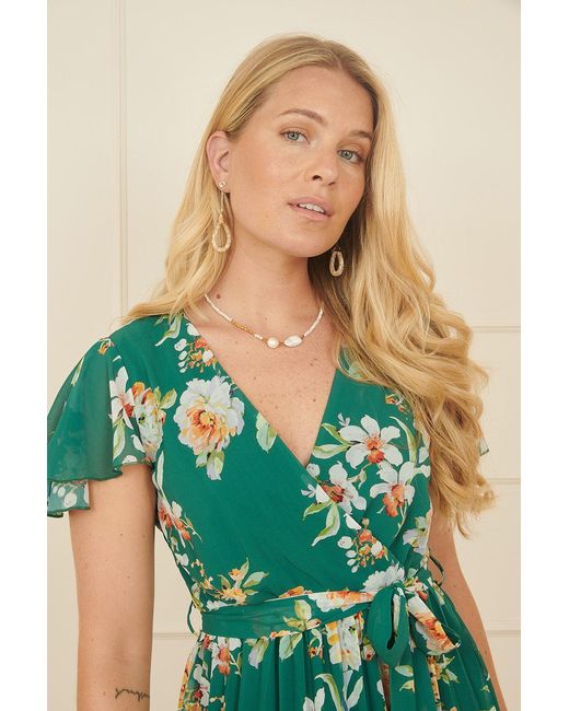 Yumi' Green Floral Pleated Wrap Dress