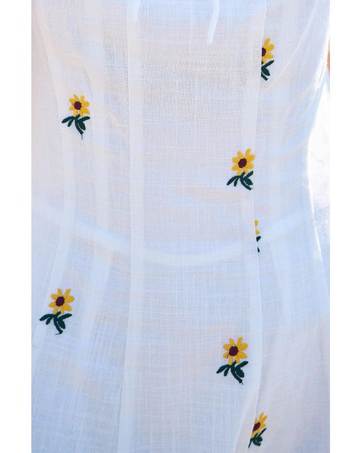 Yumi' White Cotton Sunflower Embroidered Midi Dress