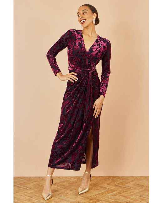 Yumi' Blue Velour Stretch Midi Dress With Long Sleeves
