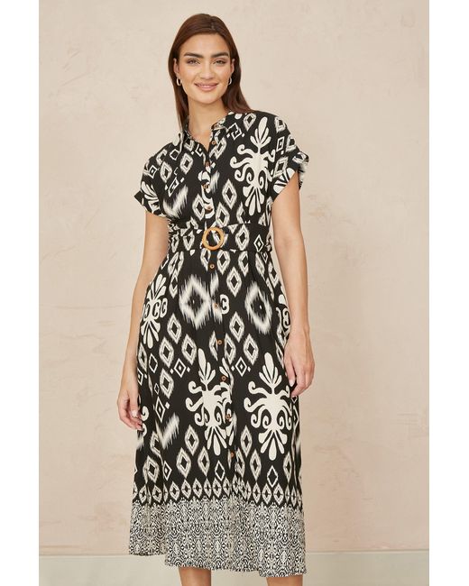 Yumi' Natural Abstract Geo Print Relaxed Midi Shirt Dress With Belt