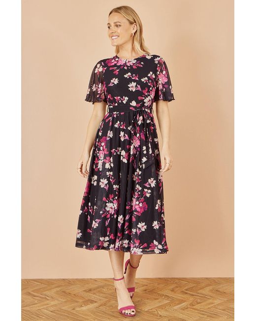 Yumi' Black Mesh Skater Floral Midi Dress