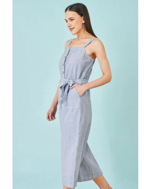 Yumi' Blue Cotton Stripe Button Through Jumpsuit
