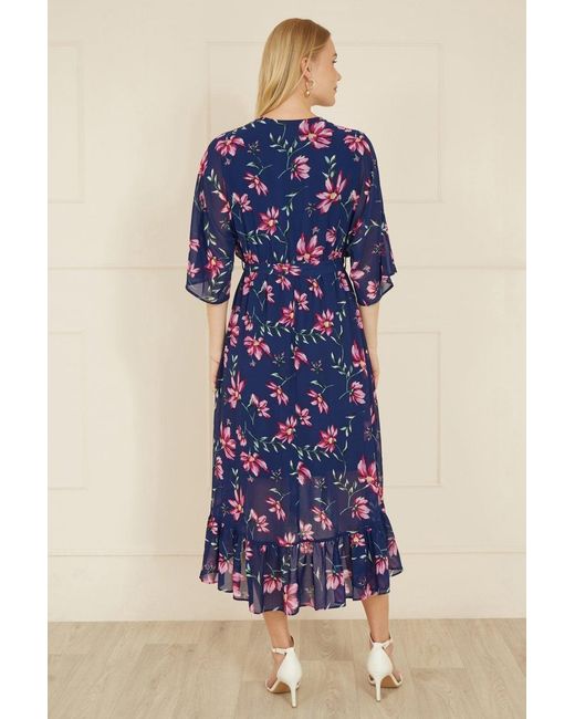 Yumi' Blue Floral Kimono Dipped Hem Dress