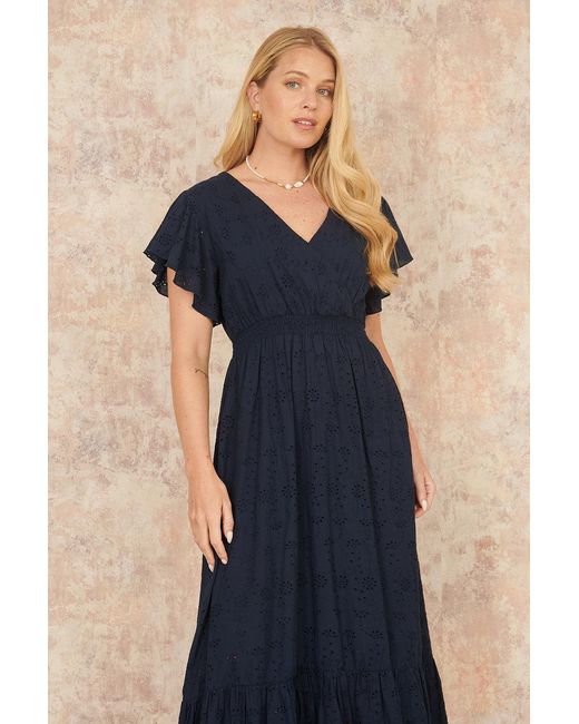 Yumi' Blue Cotton Broderie Anglaise Wrap Midi Dress