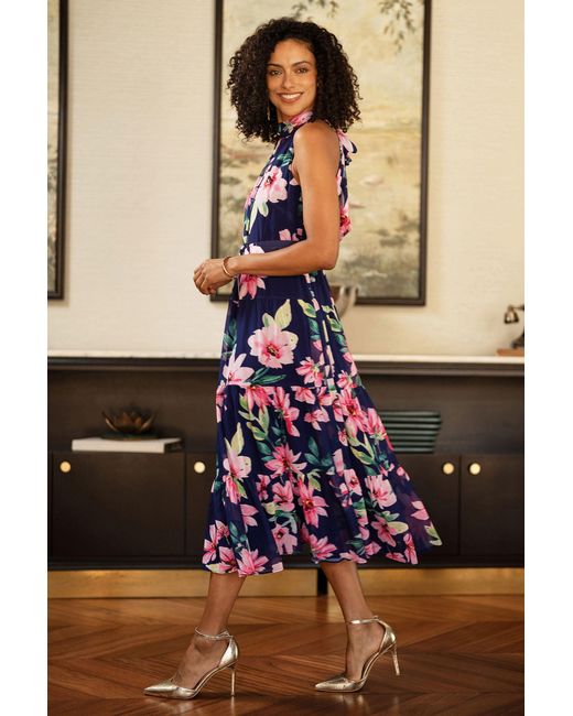 Yumi' Blue Floral Halter Neck Midi Dress With Matching Belt