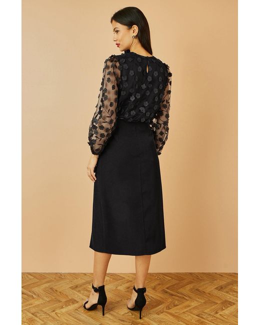 Yumi' Black Sheer Sleeve Applique Flower Top