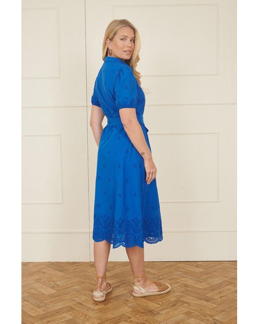 Yumi' Blue Cotton Shirt Midi Dress With Cut Out Details