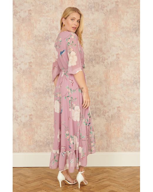 Yumi' Pink Bird And Floral Print Midi Wrap Dress