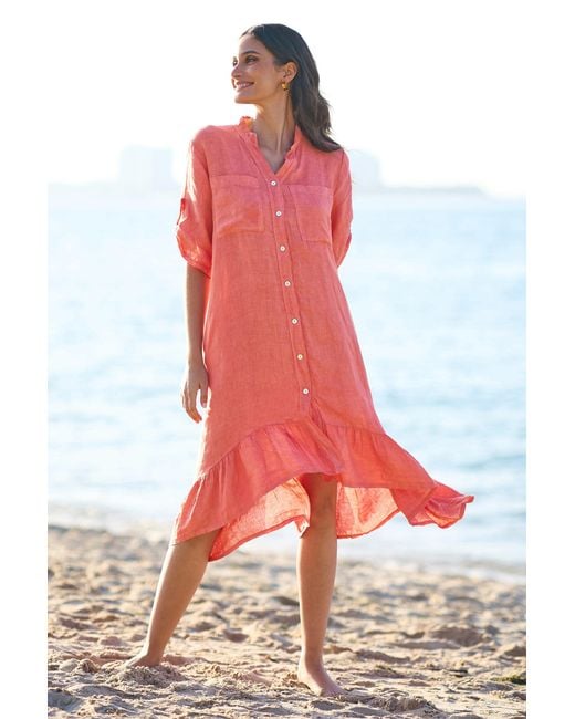 Yumi' Red Italian Linen Shirt Dress With Frill Hem