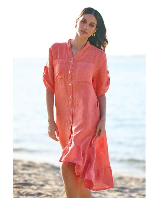 Yumi' Red Italian Linen Shirt Dress With Frill Hem