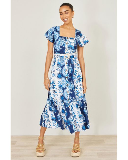 Yumi' Blue Floral Viscose Midi Shirt Dress With Matching Belt