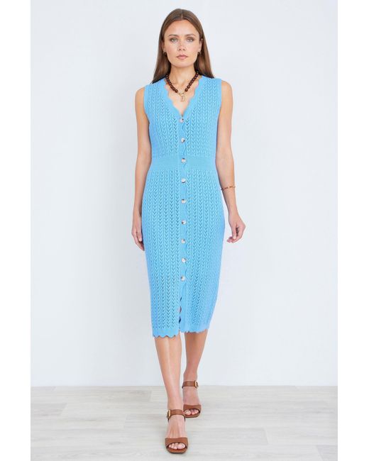 Yumi' Blue Scallop Edge Crochet Knitted Midi Dress