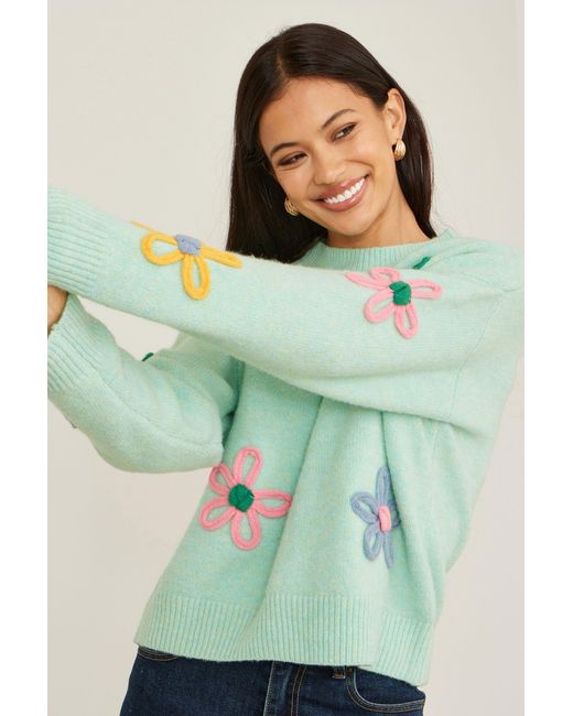 Yumi' Green Relaxed Flower Embroidered Jumper