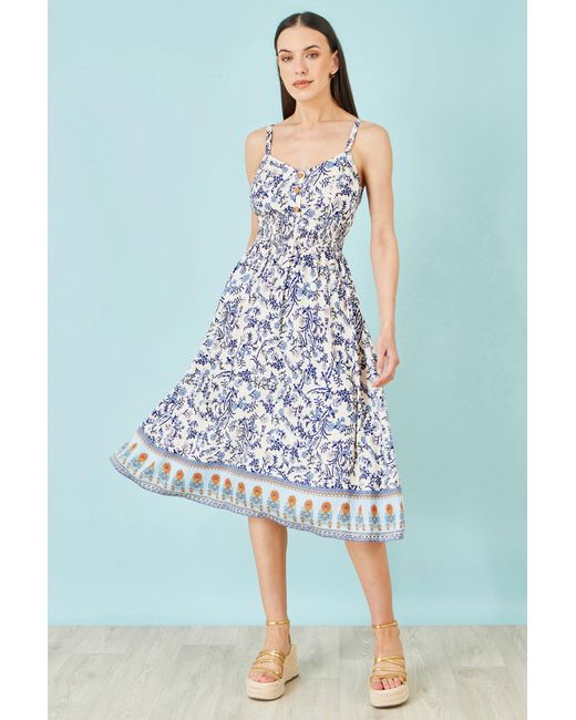 Yumi' Blue Floral Border Print Viscose Midi Sun Dress