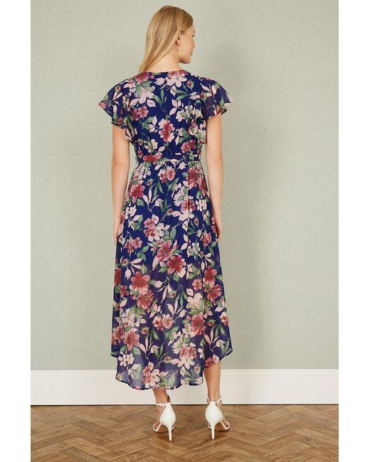Yumi' Blue Floral Wrap Midi Dress With Frill Hem