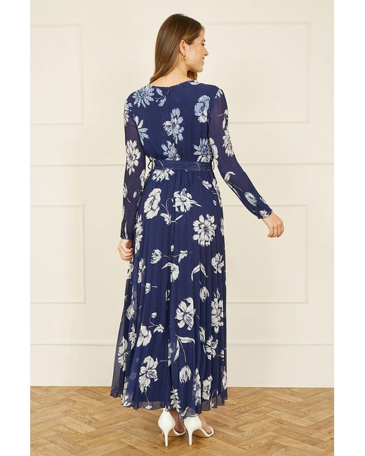 Yumi' Blue Floral Pleated Midi Wrap Long Sleeve Dress