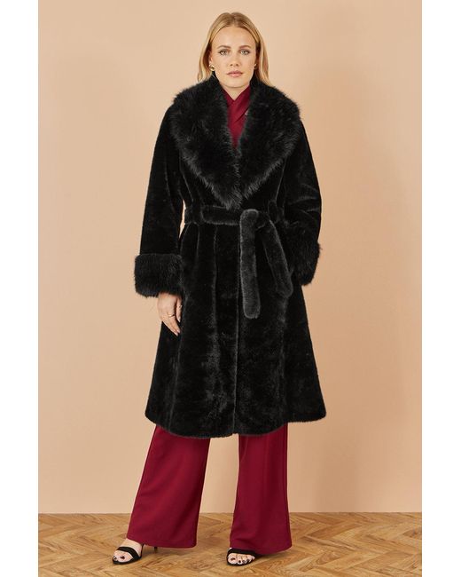 Yumi' Black Wrap Faux Fur Coat With Oversize Collar