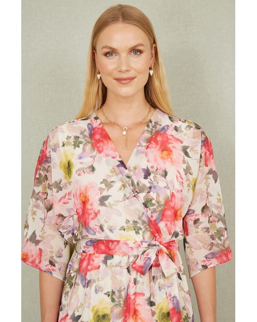 Yumi' Pink Vintage Floral Wrap Midi Dress With Frill