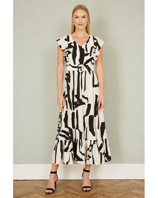 Yumi' White Ivory Abstract Print Viscose Midi Dress With Matching Belt