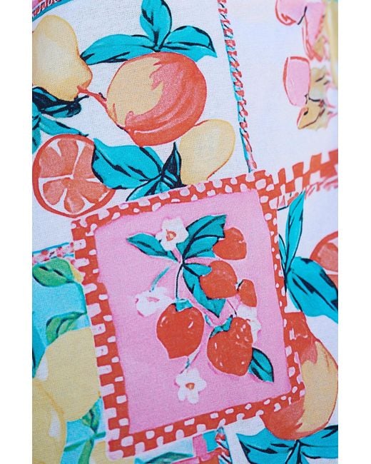 Yumi' Blue Multicolour Fruit Print Midi Sun Dress Ruched Back