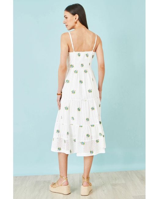 Yumi' Blue Cotton Embroidered Broderie Anglaise Midi Sun Dress