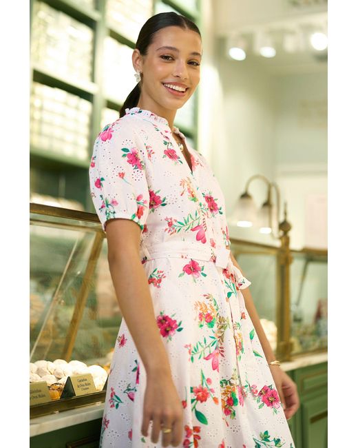 Yumi' Green Floral Print Cotton Broderie Anglaise Midi Shirt Dress