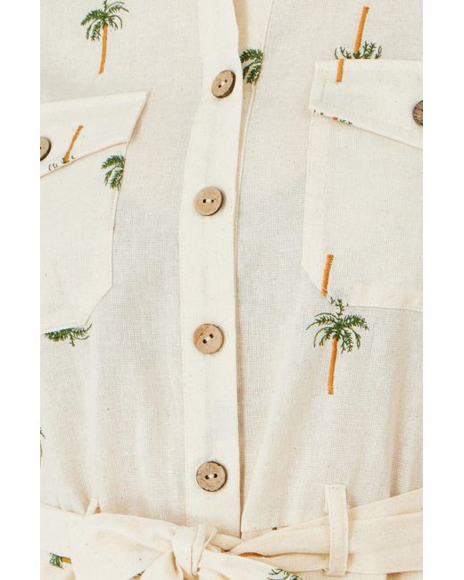 Yumi' Natural Embroidered Palm Print Cotton Playsuit