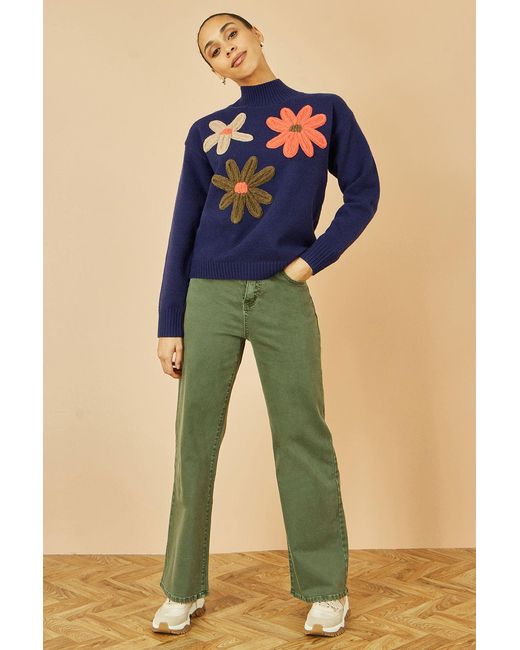 Yumi' Blue Knitted High Neck Jumper With Applique Flowers